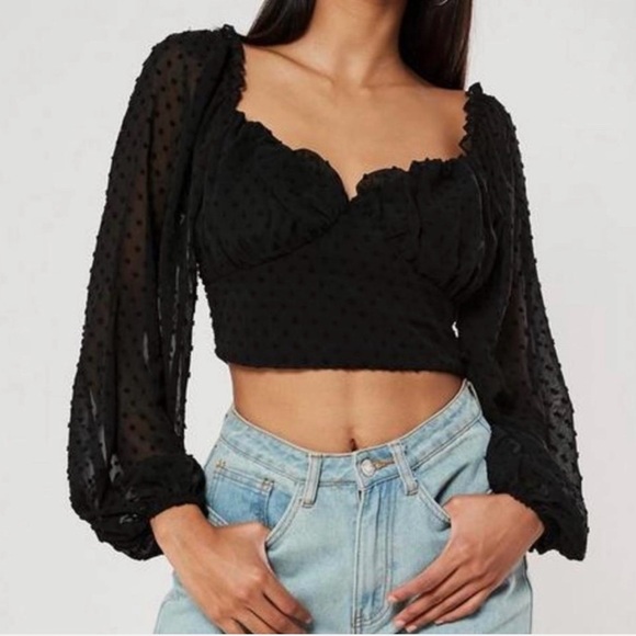 MISSGUIDED Elegant Black Sheer Sleeve Women's Top - Picture 1 of 7